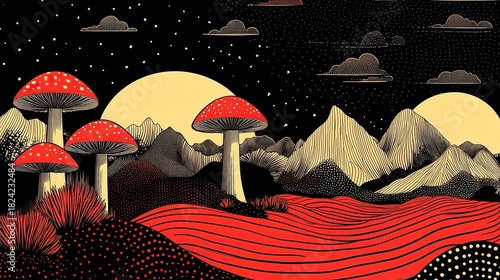 Fantasy Landscape with Red Mushrooms, Mountains, and Moonlit Sky