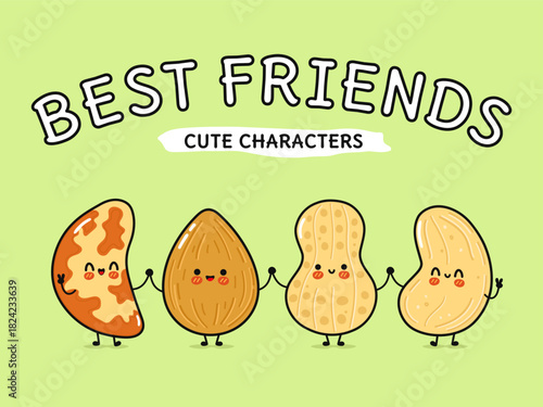 Cute nut characters holding hands being best friends