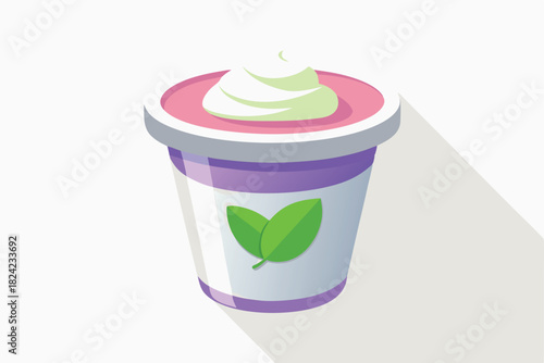 Delicious yogurt topped with creamy swirls and green leaves signifies freshness and healthy eating habits