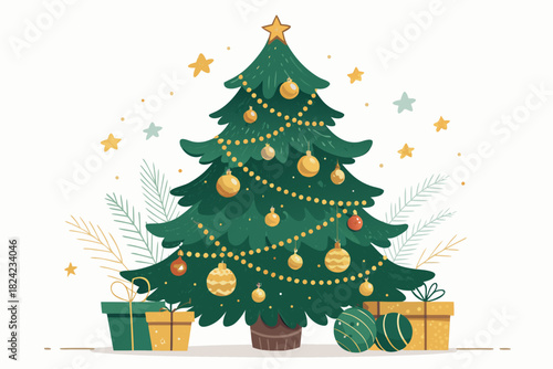 Showcasing Christmas Tree Decorated With Ornaments And Lights Crisp High-Quality Stock Image