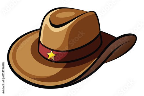 Detailed cartoon cowboy hat illustration features a red band and golden star