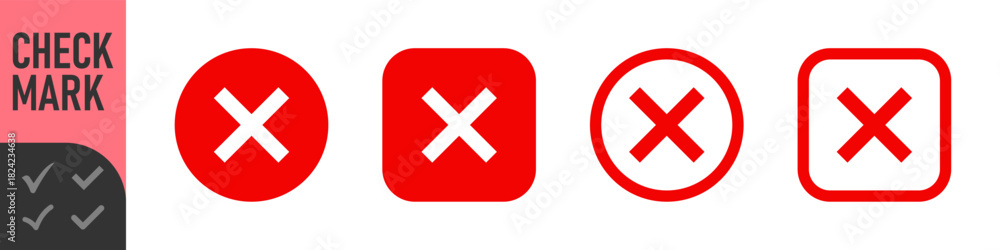 Obraz premium Green, black check mark and red, black cross icon set, circle and square. Tick symbol in green, black color. Hand drawn checkmark illustration 