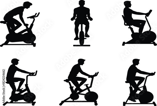 Exercise bike silhouette, cycling posture, black graphic, vector illustration, fitness gesture, cardio stance, spin icon, training motion, workout figureExercise bike silhouette, cycling posture, 