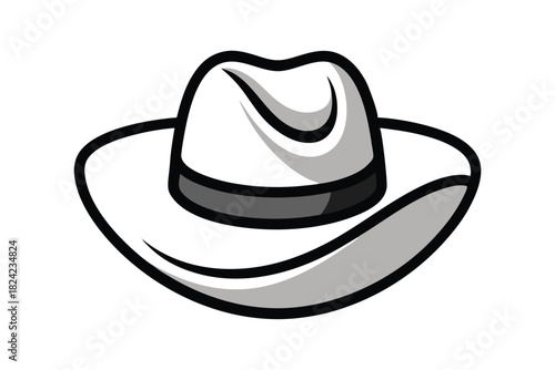 Isolated white cowboy hat with broad brim and dark band is presented in simple line style