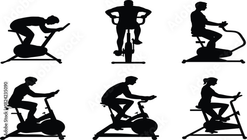 Exercise bike silhouette, cycling posture, black graphic, vector illustration, fitness gesture, workout stance, spin icon, cardio figure, training motionExercise bike silhouette, cycling posture