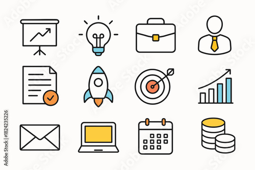 Collection of business and finance icons in a doodle style