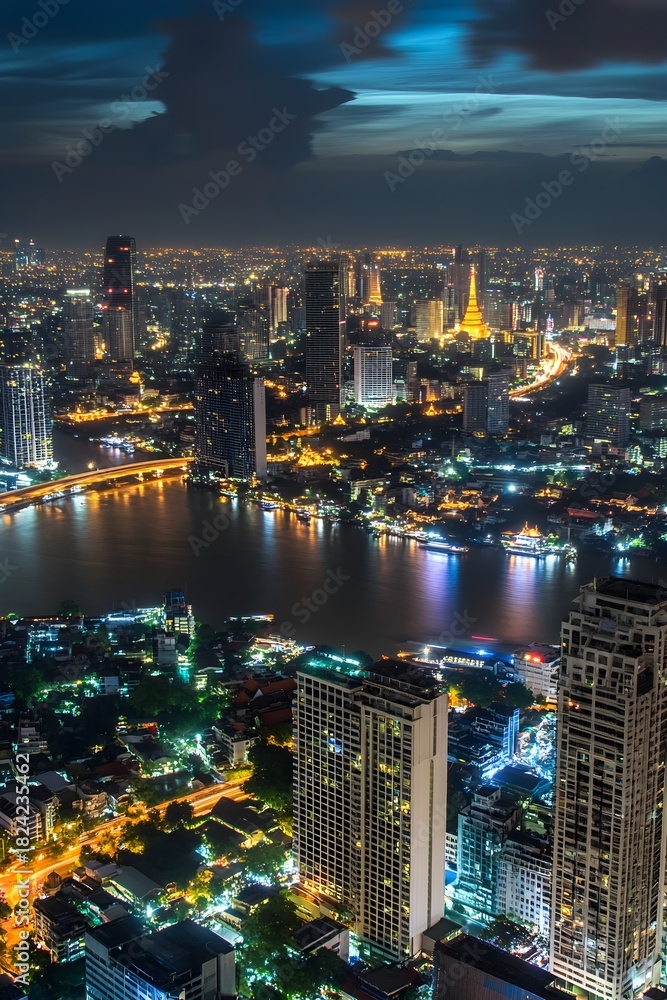 Naklejka premium Bangkok cityscape at night with river and illuminated buildings