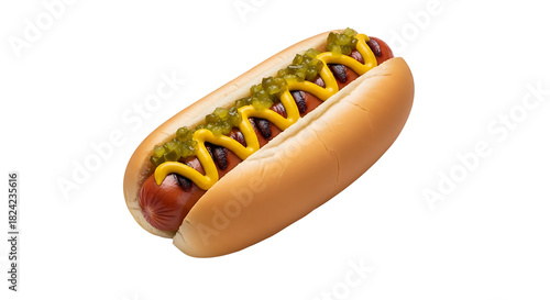 Professional photo of a single hot dog isolated on a clean transparent PNG background, ideal for graphic design and marketing materials