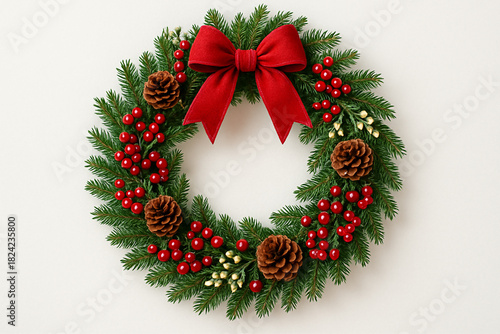chrismast wreath red ribbon on white background