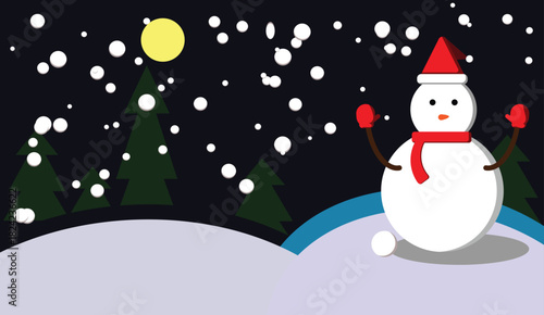 Snowman under the Winter Sky: A whimsical snowman stands in a serene winter landscape, snowflakes gently falling under the soft glow of the moon. This scene evokes the enchantment of the season