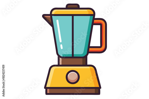 The cartoon illustration showcases a yellow, blue, and brown blender on a bright backdrop