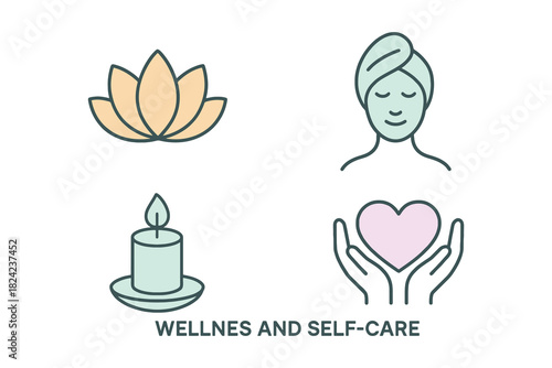 Wellness and self care icons featuring lotus flower candle woman and heart