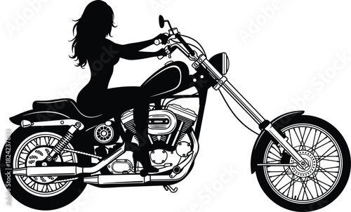 Black silhouette of a sexy pin-up style woman rider with long hair sitting on a classic heavy cruiser chopper motorcycle, representing freedom, speed, and vintage biking culture vector illustration