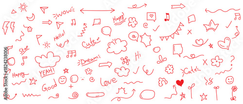 Line marker hand drawn brush arrow element set. Sketch pencil stroke vector graphic pen underline scribble icon. Hand drawn line heart, crown, star symbol highlight marker shape. Vector illustration