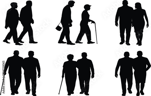 Elderly couple silhouette, walking posture, black graphic, vector illustration, aging gesture, support stance, companionship icon, mobility figure, relationship motionElderly couple silhouette