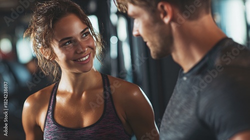 Smiling woman and man having conversation in modern gym with natural light