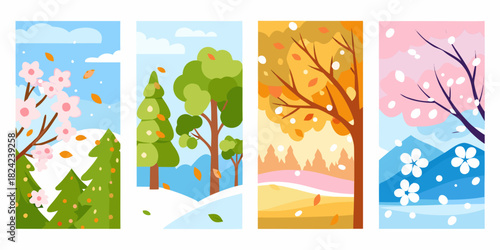 Four seasons illustration spring summer autumn and winter landscapes