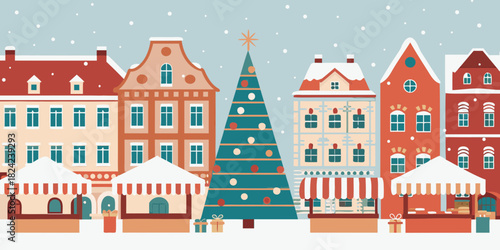 Festive christmas market scene with snow and decorated tree