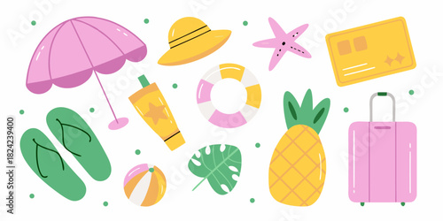 Summer vacation flat lay illustration with tropical elements and pastel colors