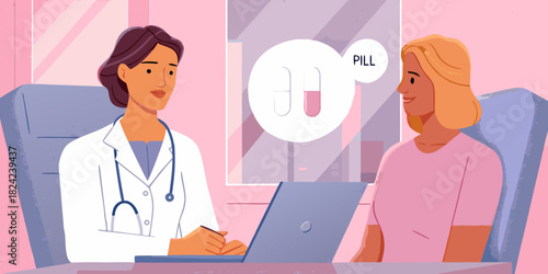 Doctor consulting with patient about medication and treatment options using a laptop