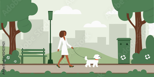 Woman walking dog in park on leash flat vector illustration