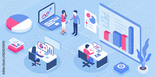 Isometric business team analyzing data and charts in modern office space