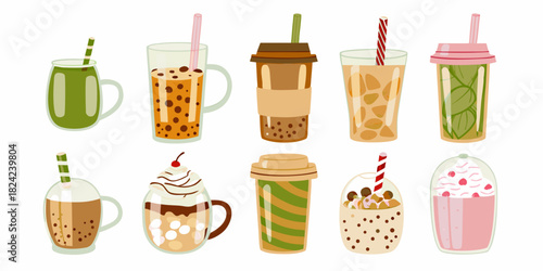 Collection of various flavored bubble tea drinks with straws and toppings