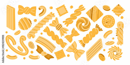 Variety of pasta shapes illustration on white background