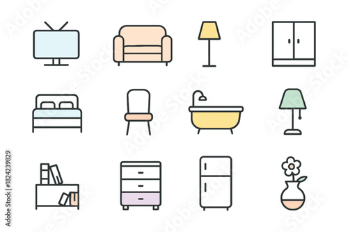 Collection of simple flat design icons representing home furniture and appliances
