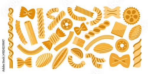 Assorted pasta types illustration italian food collection isolated on white background