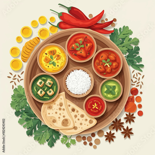 illustration of Indian thali—layered bowls of curry, naan, chutney, surrounded by layered spice shapes like turmeric, chili, coriander