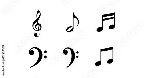 Musical notes and symbols set on white background