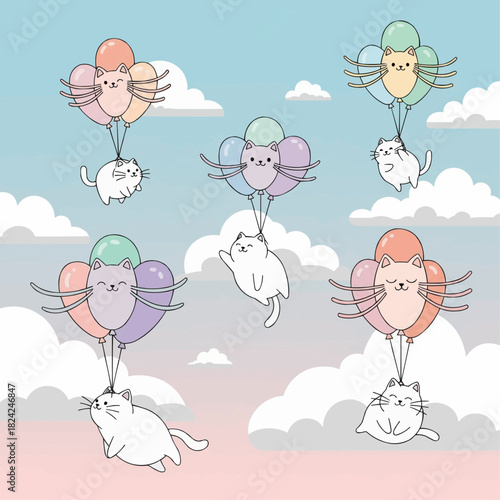 cute chubby cats flying using balloons shaped like giant cat whiskers