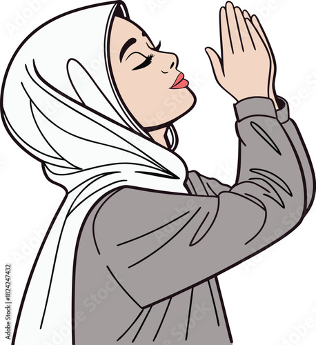 Muslim woman praying, raising hands in supplication - 60 chars