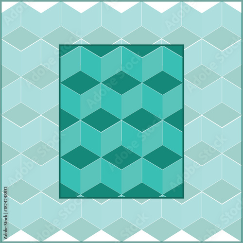 Geometric Abstraction: A captivating geometrical composition, using layers of cyan rhombus and cubic forms, creates a dynamic interplay of light, shadow and perspective.