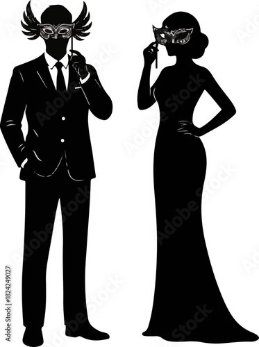 Man and Woman with Feathered Mardi Gras Masks Silhouette
