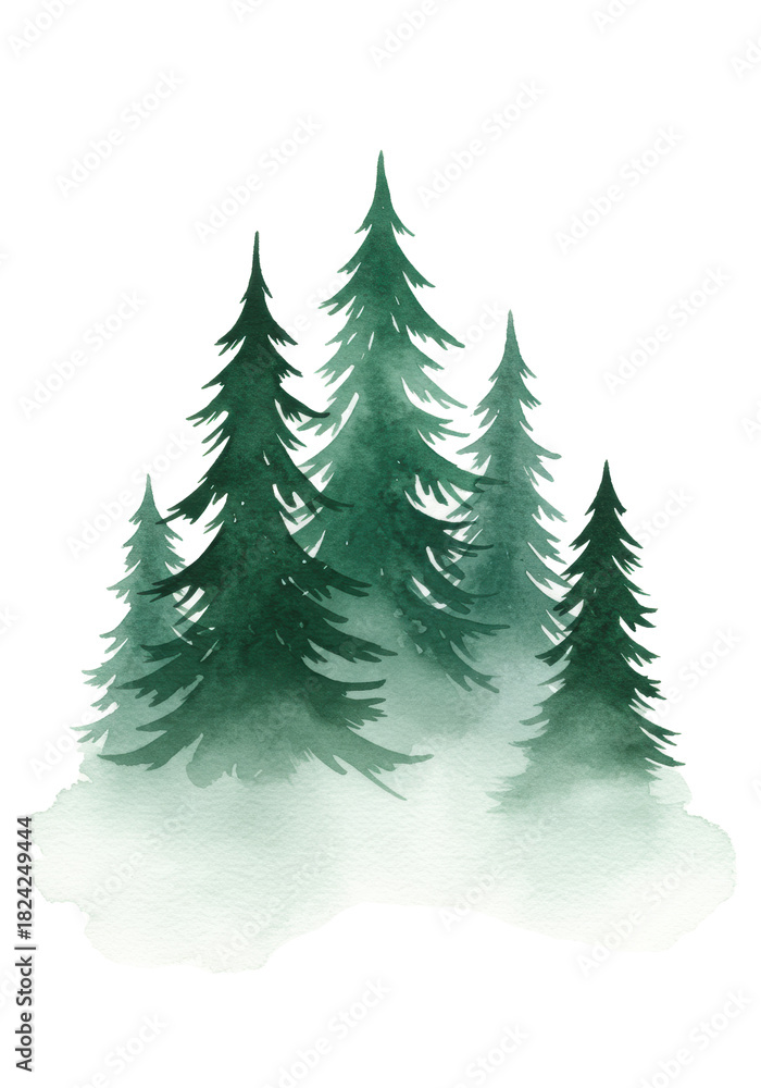 Fototapeta premium five stylized pine trees rendered in deep green watercolor with textured brush strokes and misty wet-on-wet washes, isolated on a transparent background with copy space. concept for elegant