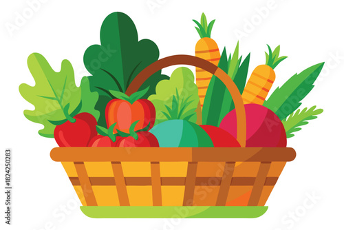 Wicker basket filled with tomatoes, carrots, lettuce, and turnips is perfect for your designs