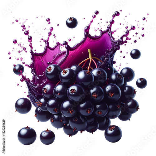 Bunch of Black Elderberries with Juice Splashing Transparent Background