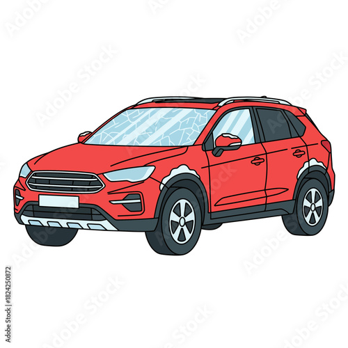 Red Crossover Car with Light Snow and Frost – Flat Vector Winter Illustration