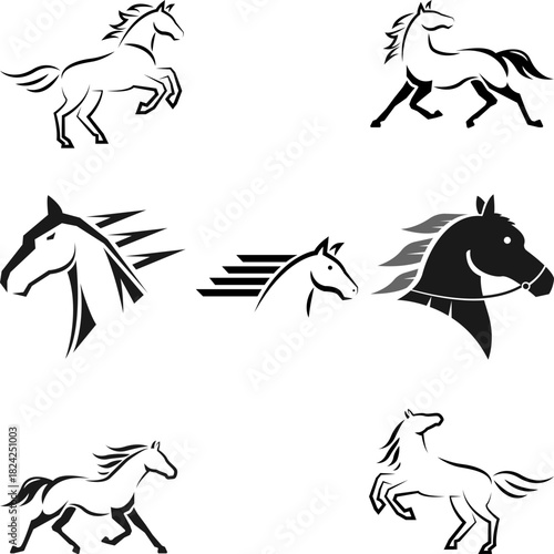 set of black and white horses