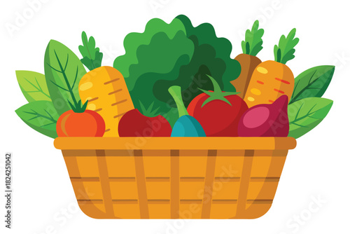 Fresh harvest basket featuring tomatoes, carrots, broccoli, and onions in vibrant colors