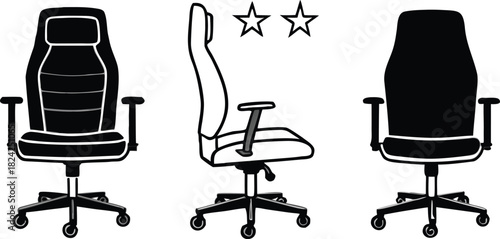 Ergonomic gaming office chair vector illustration with front, side, and back views, quality rating