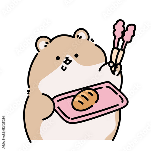 Cute hamster holding a loaf of bread with happy expression.