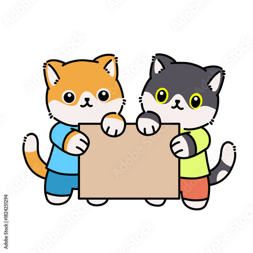 Two cute cats holding blank board together.
