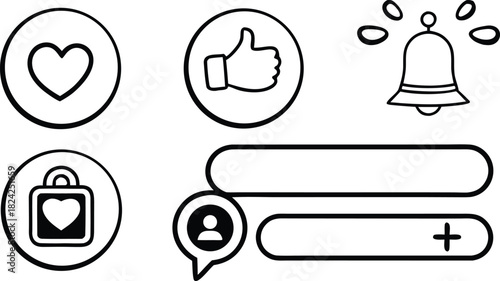Social media interaction and e-commerce ui icons: heart, like, notification, wishlist, comment.