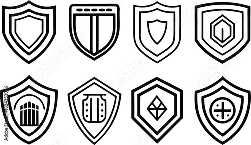 A diverse set of eight black outline shield vector icons for protection, security, and gaming elements today.