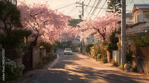 Wallpaper Mural a quiet uphill road in a Japanese residential neighborhood, the road gently curves midway, lined with cherry blossom trees in full bloom, soft petals falling, morning golden sunlight Torontodigital.ca