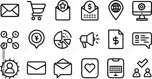 Versatile collection of business, communication, finance, and technology line icons for digital projects