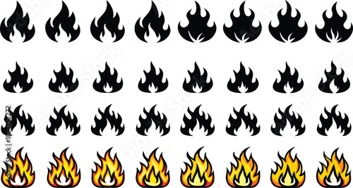 Set of various fire flame icons, from abstract black silhouettes to vibrant burning emblems
